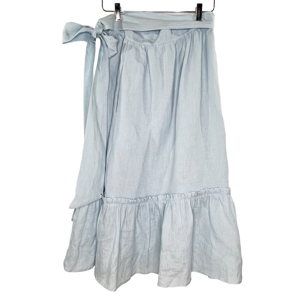 ANN MASHBURN Light Blue Midi Linen Wrap Skirt - Picture 2 of 8